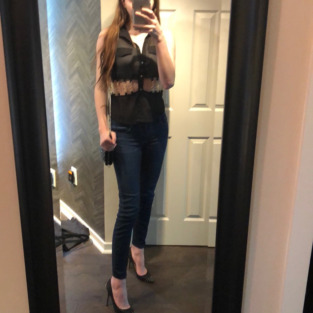 Sheer Black Button Down tank with cut out & chain